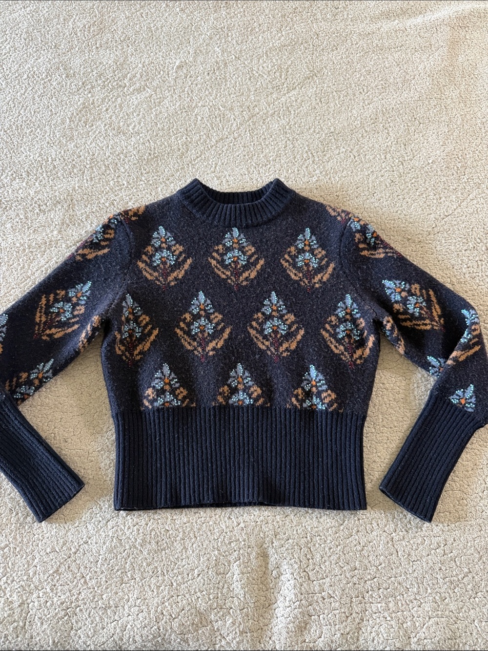 Tory Burch 100% Wool Beaded Navy Crewneck Sweater with Light Blue and Tan Motifs